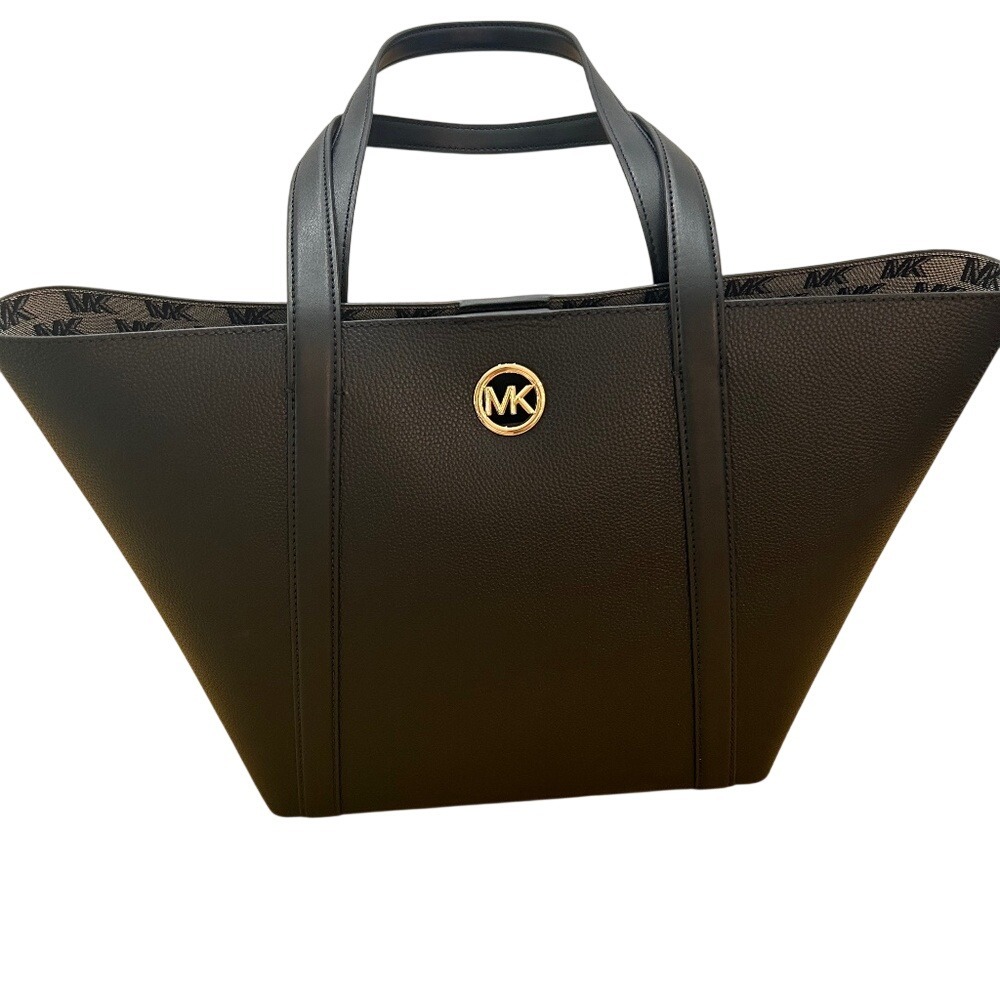 Michael Kors Tote Bag Black Leather MK Monogram Interior Snap Closure